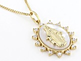 White Cubic Zirconia And Mother Of Pearl 14k Yellow Gold Over Silver Virgin Mary Pendant 0.28ctw