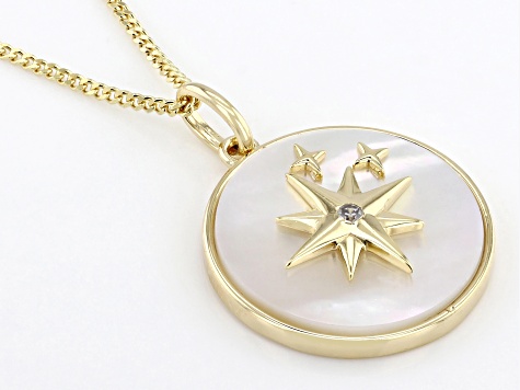Cubic Zirconia And White Mother Of Pearl 14k Yellow Gold Over Silver North Star Pendant 0.02ctw