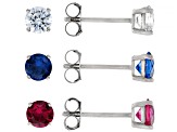 Cubic Zirconia, Lab Created Ruby, And Lab Created Blue Spinel Rhodium Over Silver Stud Set 3.94ctw