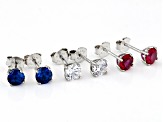 Cubic Zirconia, Lab Created Ruby, And Lab Created Blue Spinel Rhodium Over Silver Stud Set 3.94ctw