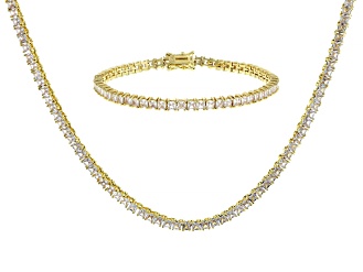 White Cubic Zirconia 18k Yellow Gold Over Brass Tennis Necklace and Bracelet Set 53.40ctw