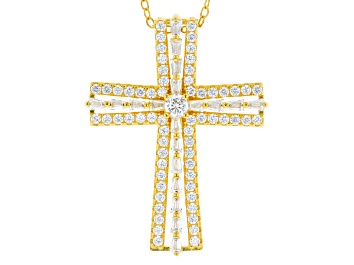 Picture of White Cubic Zirconia 14K Yellow Gold Over Sterling Silver Cross Pendant With Chain 1.11ctw