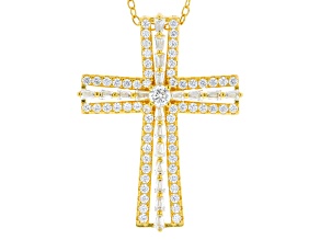 White Cubic Zirconia 14K Yellow Gold Over Sterling Silver Cross Pendant With Chain 1.11ctw