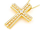 White Cubic Zirconia 14K Yellow Gold Over Sterling Silver Cross Pendant With Chain 1.11ctw