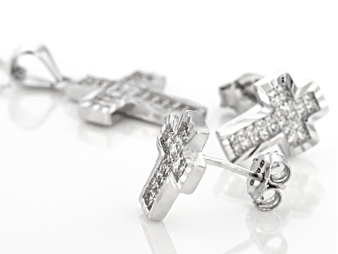 White Cubic Zirconia Rhodium Over Sterling Silver Cross Pendant With Chain & Earrings Set