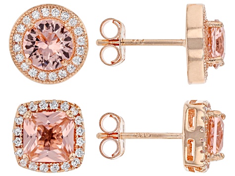 INSPIRED BY YOU Square Emerald and Round Prong Set Simulated Morganite and Cubic Zirconia Stud Bridal Earrings for Women in Rose Gold Plated Sterling Silver