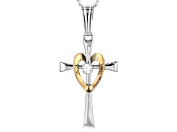 Picture of White Cubic Zirconia Rhodium And 18k Yellow Gold Over Sterling Silver Cross Pendant With Chain