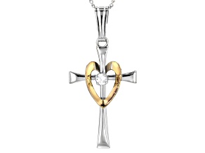 White Cubic Zirconia Rhodium And 18k Yellow Gold Over Sterling Silver Cross Pendant With Chain