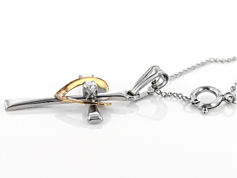 White Cubic Zirconia Rhodium And 18k Yellow Gold Over Sterling Silver Cross Pendant With Chain