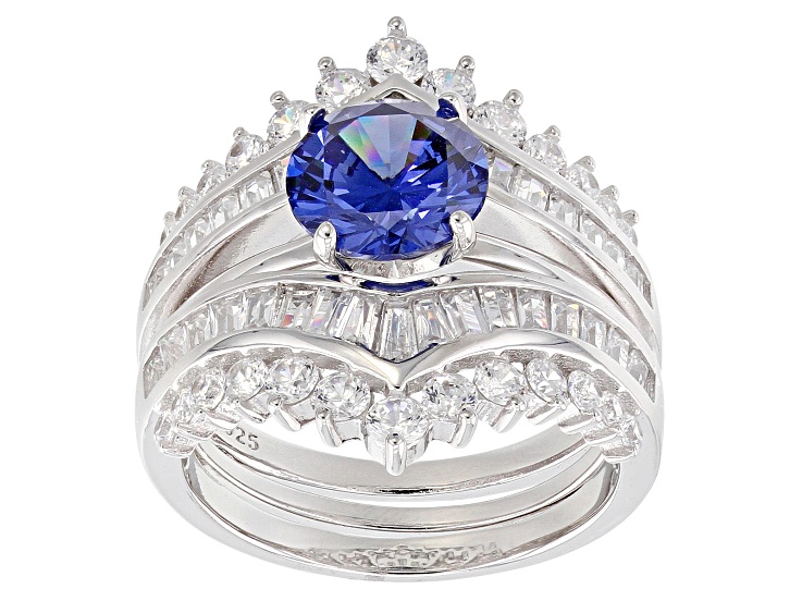Blue & White Cubic Zirconia Rhodium Over Sterling Silver Center Design Ring With Guard