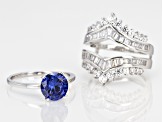 Blue & White Cubic Zirconia Rhodium Over Sterling Silver Center Design Ring With Guard