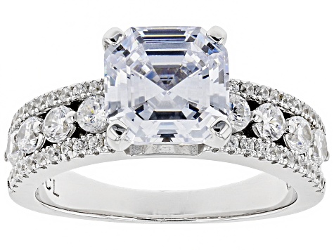 Asscher Cut White Cubic Zirconia Rhodium Over Sterling Silver Center Design Ring 4.60ctw
