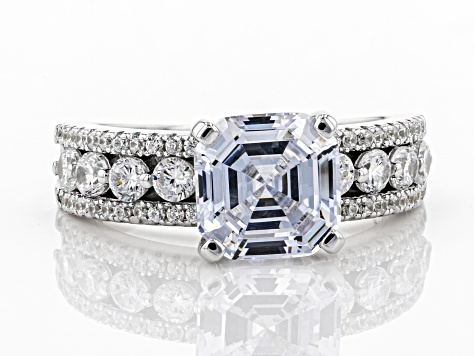 Asscher Cut White Cubic Zirconia Rhodium Over Sterling Silver Center Design Ring 4.60ctw