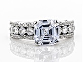 Asscher Cut White Cubic Zirconia Rhodium Over Sterling Silver Center Design Ring 4.60ctw