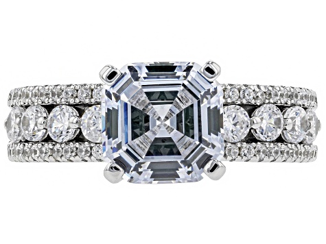 Asscher Cut White Cubic Zirconia Rhodium Over Sterling Silver Center Design Ring 4.60ctw