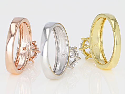 White Cubic Zirconia, Rhodium, 18k Yellow, and Rose Gold Over Silver Solitaire Ring Set Of 3