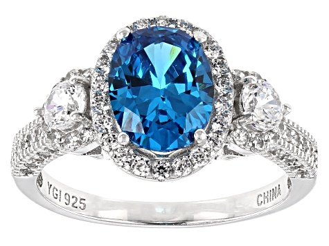 Blue and White Cubic Zirconia Rhodium Over Sterling Silver Ring 4.95ctw