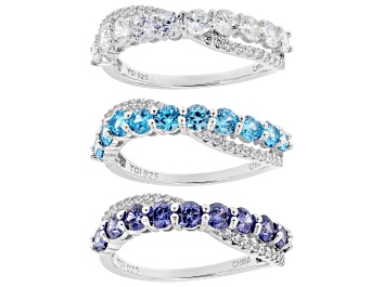 Picture of Blue and White Cubic Zirconia Rhodium Over Sterling Silver Rings Set of 3 6.00ctw