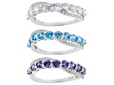 Blue and White Cubic Zirconia Rhodium Over Sterling Silver Rings Set of 3 6.00ctw