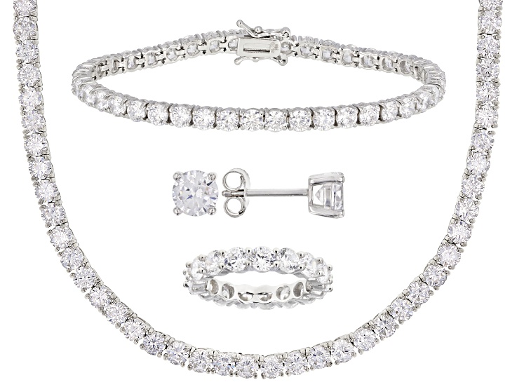 White Cubic Zirconia Rhodium Over Silver Earrings, Necklace