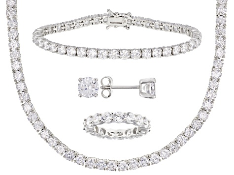 White Cubic Zirconia Rhodium Over Silver Earrings, Necklace, Ring, and Bracelet Set 67.36ctw