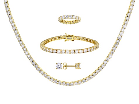 White Cubic Zirconia 18k Yellow Gold Over Silver Earrings, Necklace, Ring, And Bracelet Set 67.36ctw