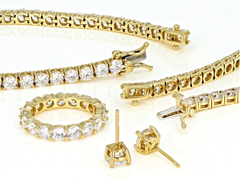 White Cubic Zirconia 18k Yellow Gold Over Silver Earrings, Necklace, Ring, And Bracelet Set 67.36ctw