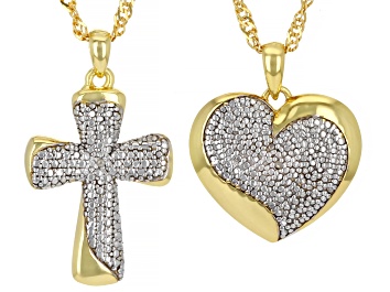 Picture of Diamond Accent 18k Yellow Gold Over Brass Heart And Cross Pendants Set of 2 With Singapore Chains