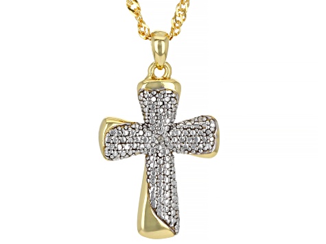Diamond Accent 18k Yellow Gold Over Brass Heart And Cross Pendants Set of 2 With Singapore Chains