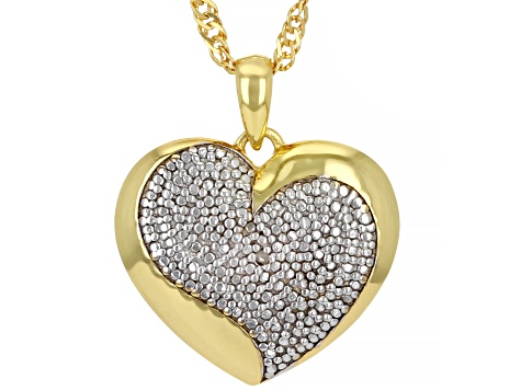 Diamond Accent 18k Yellow Gold Over Brass Heart And Cross Pendants Set of 2 With Singapore Chains