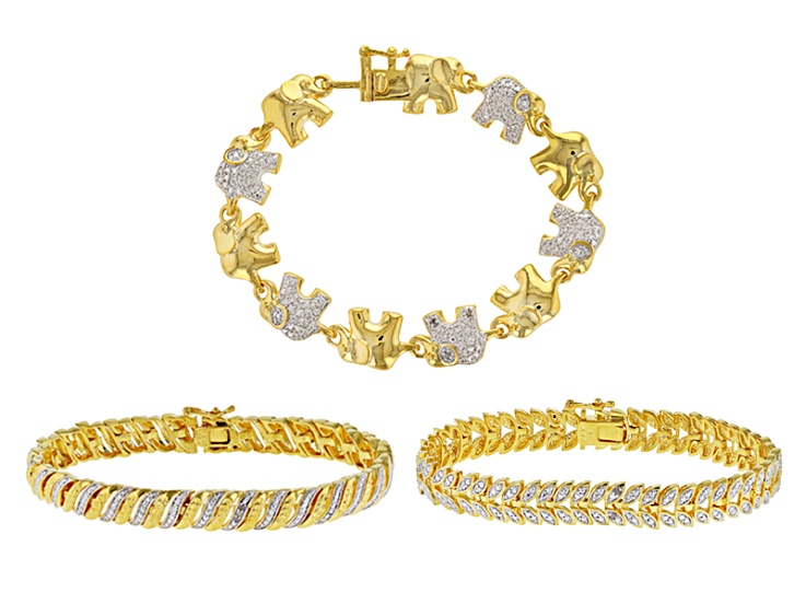 White Diamond 14k Yellow Gold Over Brass 3 Piece Bracelet