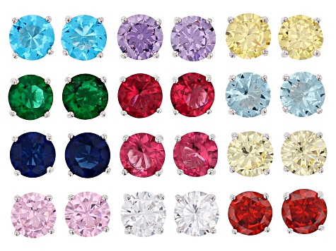 Multi Color Cubic Zirconia And Simulants Rhodium Over Silver Stud Earring Set Of 12, 15.00ctw