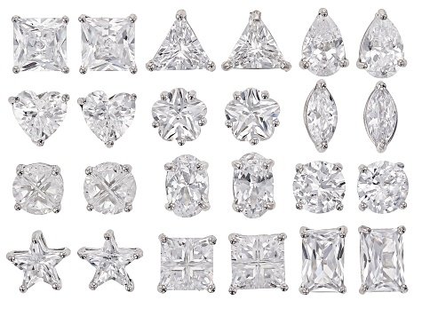 Cubic Zirconia Rhodium Over Sterling Silver Stud Earring Set Of 12 18.76ctw