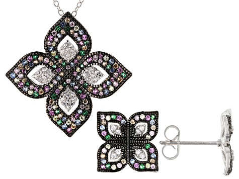 Multicolor Cubic Zirconia Rhodium Over Silver Flower Earrings & Pendant With Chain Set 2.44ctw