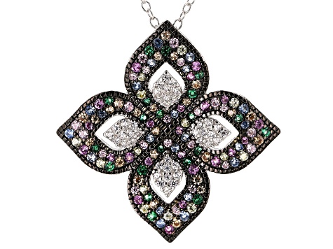 Multicolor Cubic Zirconia Rhodium Over Silver Flower Earrings & Pendant With Chain Set 2.44ctw