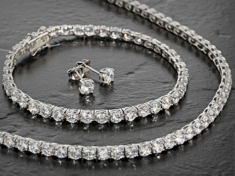 Cubic Zirconia Rhodium Over Sterling Silver Necklace, Bracelet And 