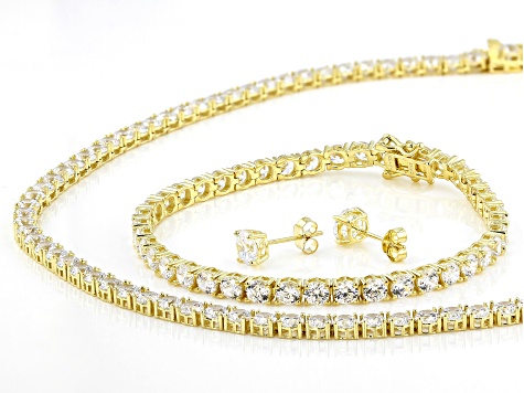 White Cubic Zirconia 18k Yellow Gold Over Sterling Necklace, Bracelet And Earrings Set 64.35ctw