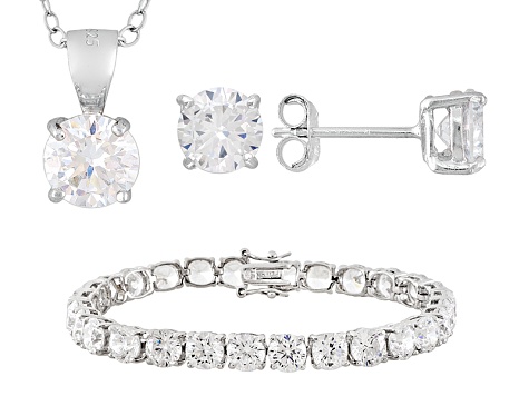 Cubic Zirconia Rhodium Over Sterling Silver Bracelet, Earrings And Pendant With Chain Set 44.80ctw