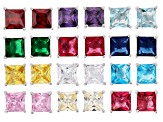 Multi Color Cubic Zirconia And Simulants Rhodium Over Silver Stud Earring Set Of 12, 19.40ctw