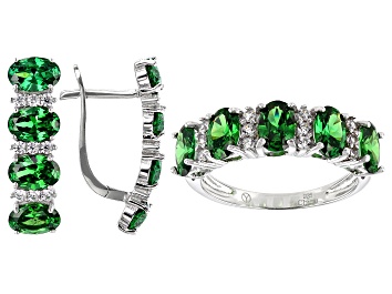 Picture of Green And White Cubic Zirconia Rhodium Over Sterling Silver Earrings And Ring Set 7.75ctw