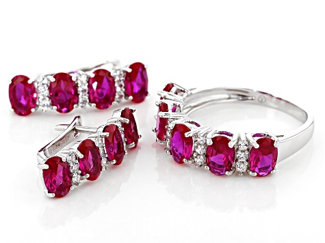 Red Lab Ruby & White Cubic Zirconia Rhodium Over Silver Earrings And Ring Set 7.75ctw