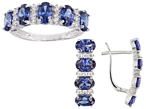 Blue And White Cubic Zirconia Rhodium Over Sterling Silver Earrings And Ring Set 7.75ctw