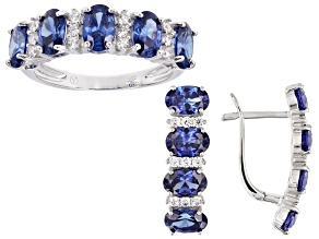 Blue And White Cubic Zirconia Rhodium Over Sterling Silver Earrings And Ring Set 7.75ctw