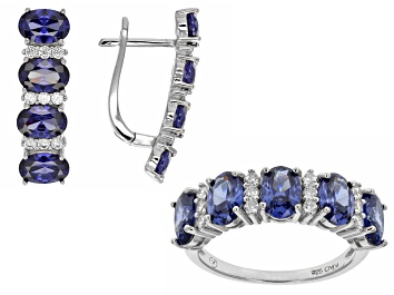 Picture of Blue And White Cubic Zirconia Rhodium Over Silver Earrings And Ring Set 7.75ctw