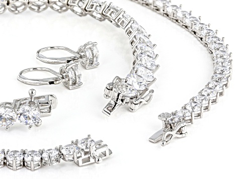 Cubic Zirconia Rhodium Over Silver Bracelet, Earrings And Necklace