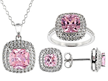 Picture of Pink And White Cubic Zirconia Rhodium Over Sterling Silver Jewelry Set 11.10ctw