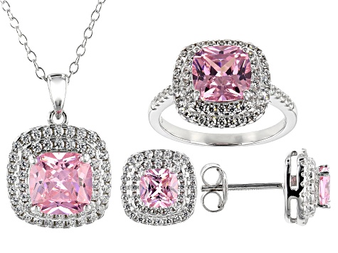 Pink And White Cubic Zirconia Rhodium Over Sterling Silver Jewelry Set 11.10ctw