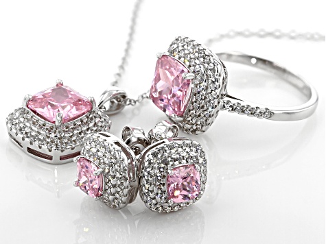 Pink And White Cubic Zirconia Rhodium Over Sterling Silver Jewelry Set 11.10ctw