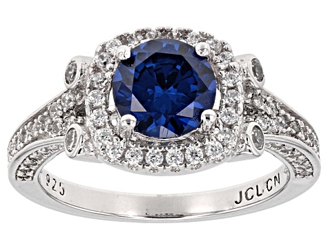 Blue Lab Created Sapphire And White Cubic Zirconia Rhodium Over Sterling Ring 3.10ctw