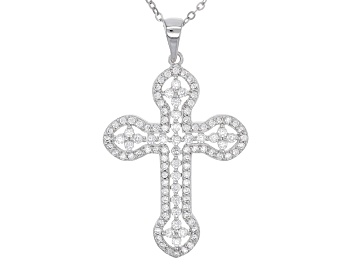 Picture of White Cubic Zirconia Rhodium Over Sterling Silver Cross Pendant With Chain 1.50ctw
